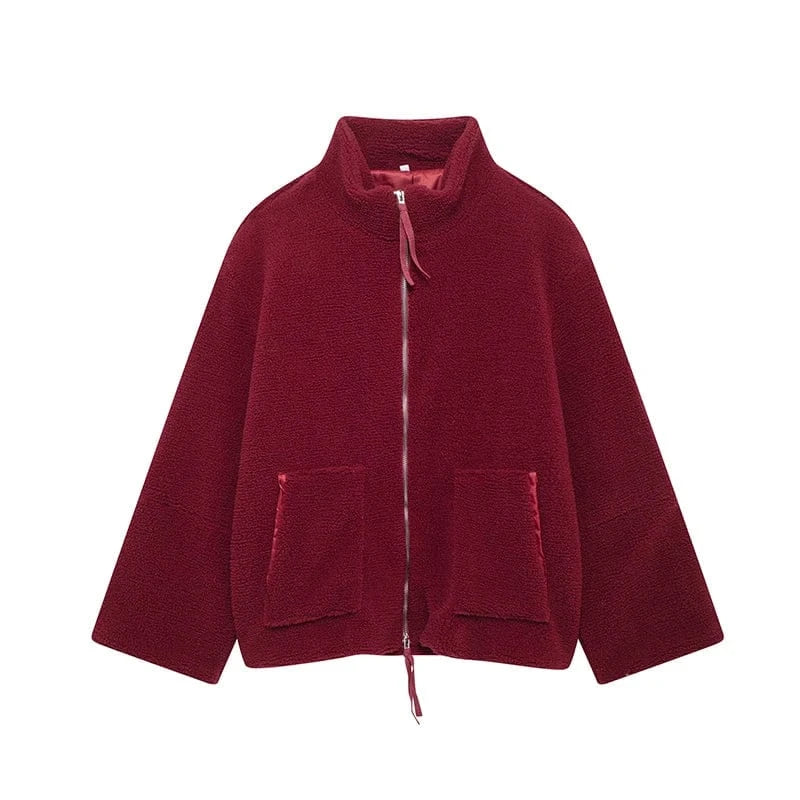 T-line Burgundy / S 7 Color Autumn Winter  Faux  Fur  women Jacket , Loose Lamb Wool,  High Neck Woolen Coat Warm Overcoat  (2 weeks delivery)