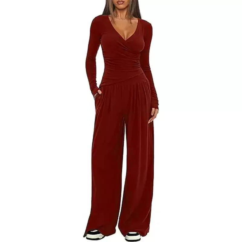 T-line Burgundy / XS wide leg pants set, women's long sleeves top  (5 - 10  work days free delivery)