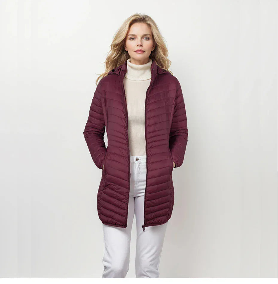 T-line Burgundy / XXS Windproof Warm Puffer  Women Coat,  Ultralight Smooth  Outwear With  Hood  (2 weeks delivery)