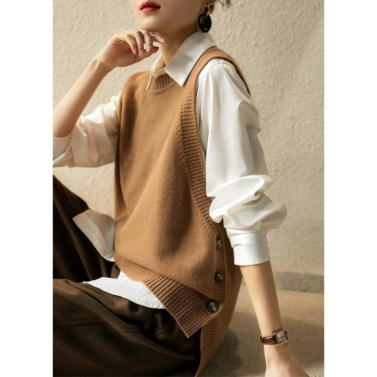 T-line Camel / One Size Autumn Winter Women Vest, Knitted, Sweater Sleeveless, Jumper Loose ,O-Neck (2 weeks delivery)