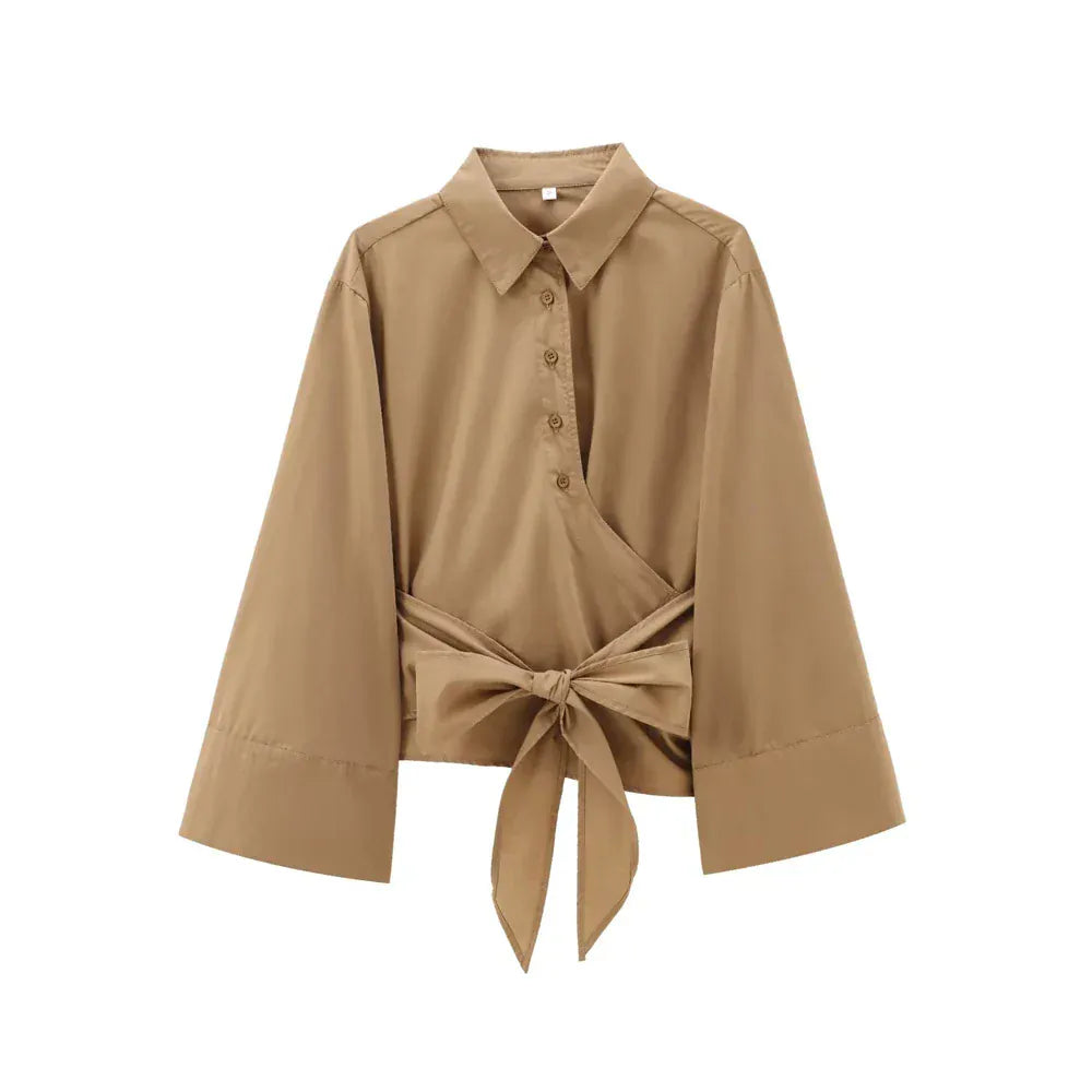 T-line Camel / XS Women's Long Sleeve Kimono Blouses With Bow Tie , Female Shirts  (5 - 10  work days free delivery)