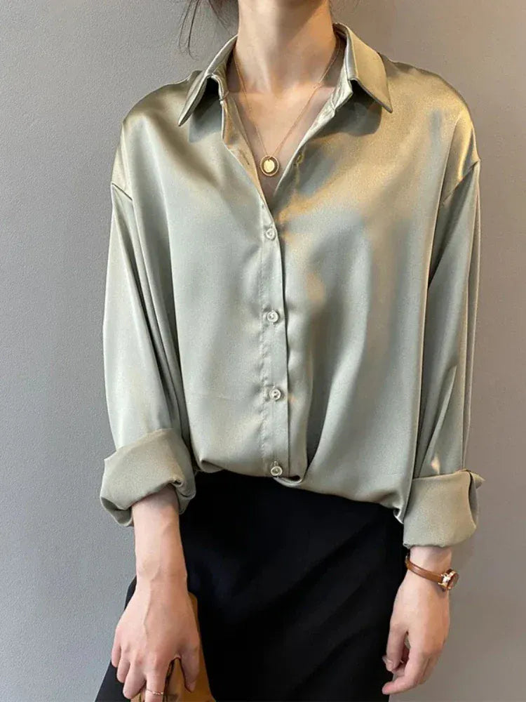 T-line Casual, Button, Silk, Tops,  Satin, Loose, Women Shirt,  Blouse (2 weeks delivery)