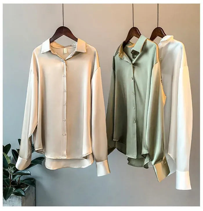 T-line Casual, Button, Silk, Tops,  Satin, Loose, Women Shirt,  Blouse (2 weeks delivery)