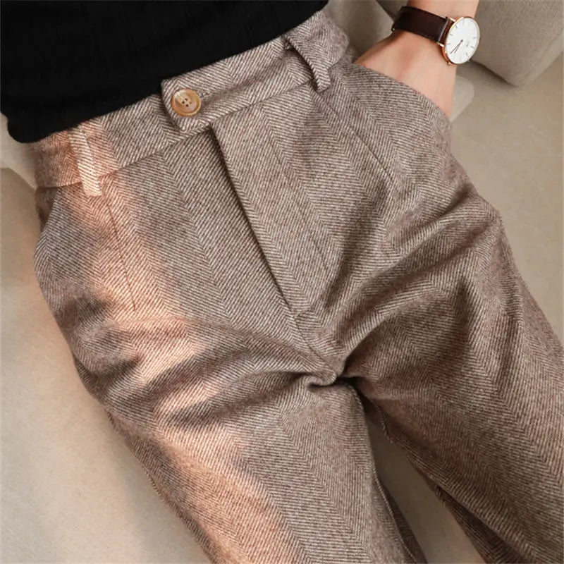 T-line Coffee / S Autumn  / Winter,  High Waisted  Pants,  Women Trousers, Woolen Pants (2 weeks delivery)