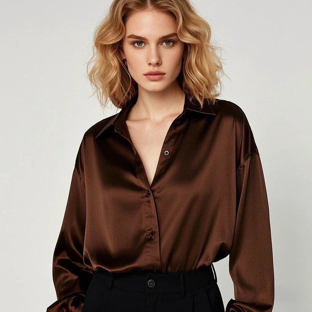 T-line Coffee / S Shirt, Blouses For Women, Satin, Multicolor, Basic Slim Shirt, Solid All-Match, Top ,  (2 weeks delivery)