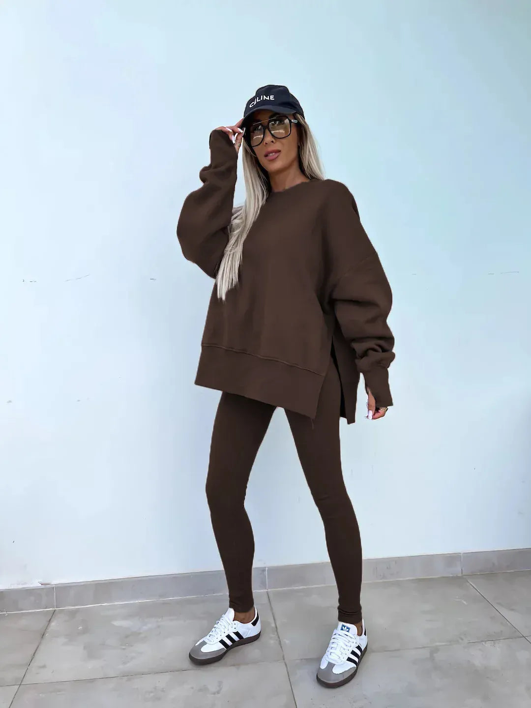 T-line Coffee / S solid color round neck loose pullover hoodie  suit,  yoga skinny pants und pullover,  legging,  Female two-piece set (2 weeks delivery)