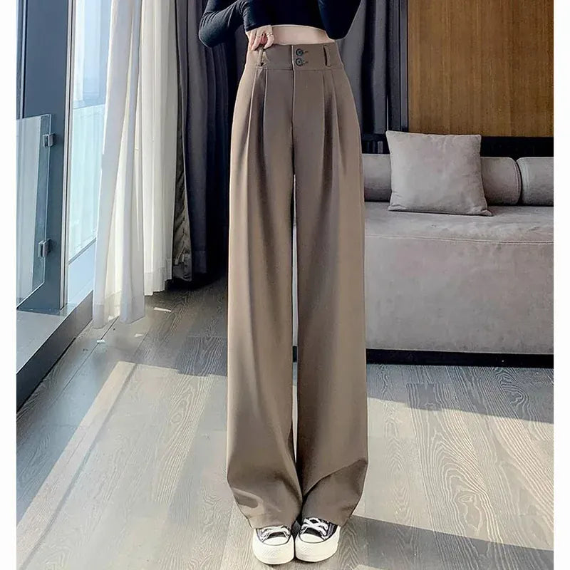 T-line Coffee / S Summer High Waisted, Thin. Pants. Women. Comfortable. Straight Leg. Suit Trousers. (2 weeks delivery)