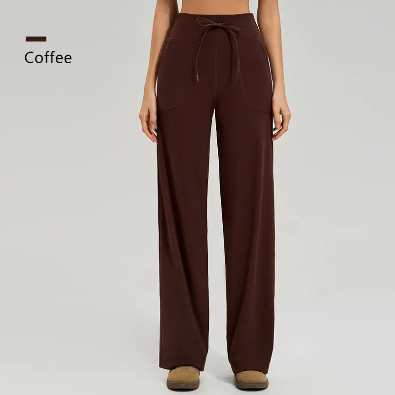 T-line Coffee / S Women's High Waist Yoga Pants, Gym, Loose Running, Yoga Pants , Pockets Pants,  Ties (2 weeks delivery)