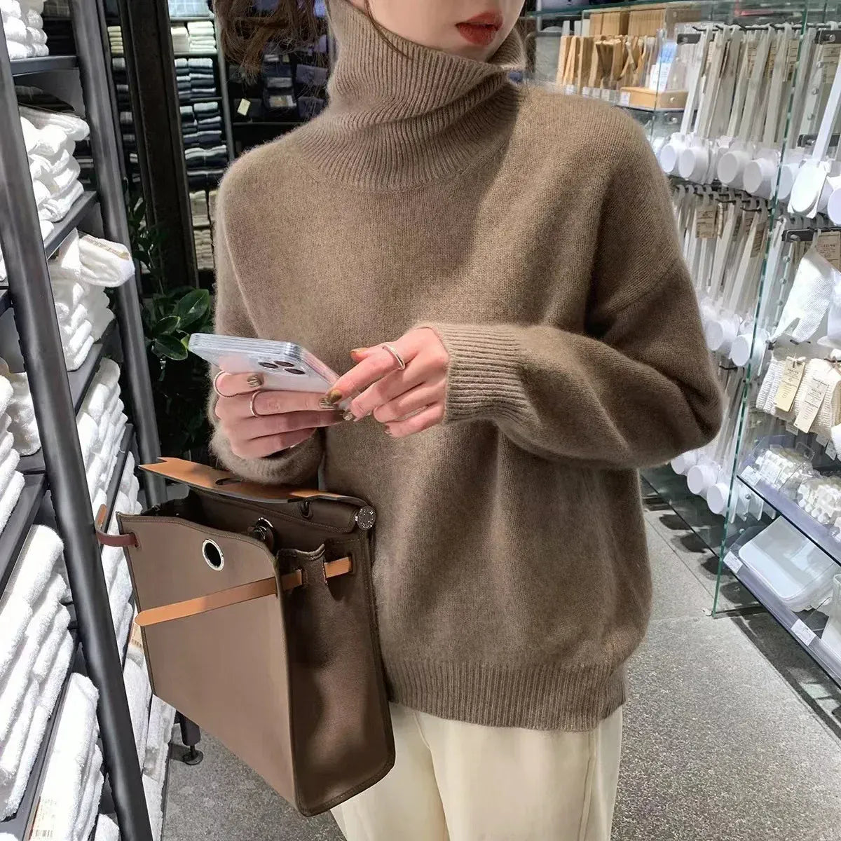 T-line Coffee / S Women's Sweater, Autumn / winter,   High Neck Knitted Jumper,  Solid Colour, Loose Long-sleeved Knit Sweater  (2 weeks delivery)