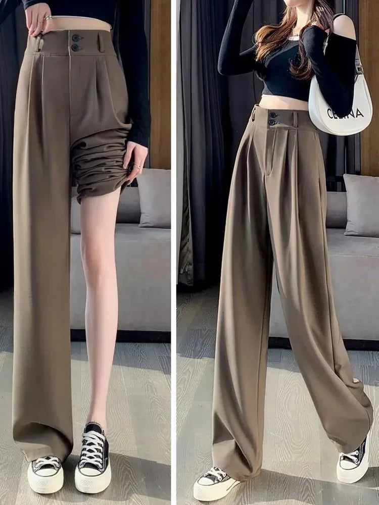T-line Coffee / S Women  Suit Pants,  Wide Straight Leg, Double Button, Trouser, High Waist  (2 WEEKS DELIVERY)