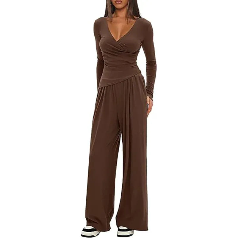 T-line Coffee / XS wide leg pants set, women's long sleeves top  (5 - 10  work days free delivery)