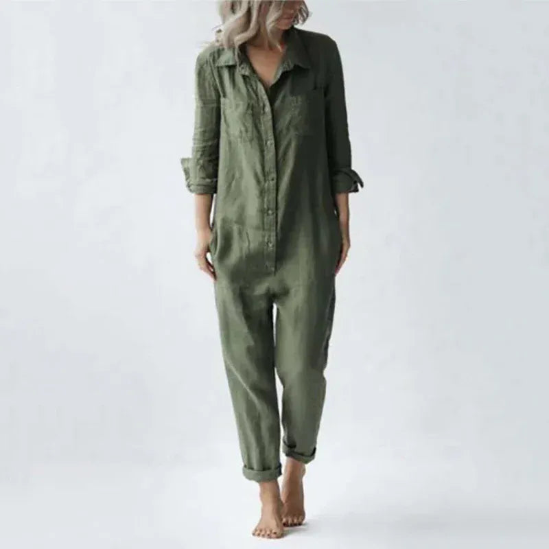 T-line Cotton Linen  Jumpsuits, Women, Single Breasted, Button, , Long Sleeve, , Solid, Pockets, Overalls (2 weeks delivery)