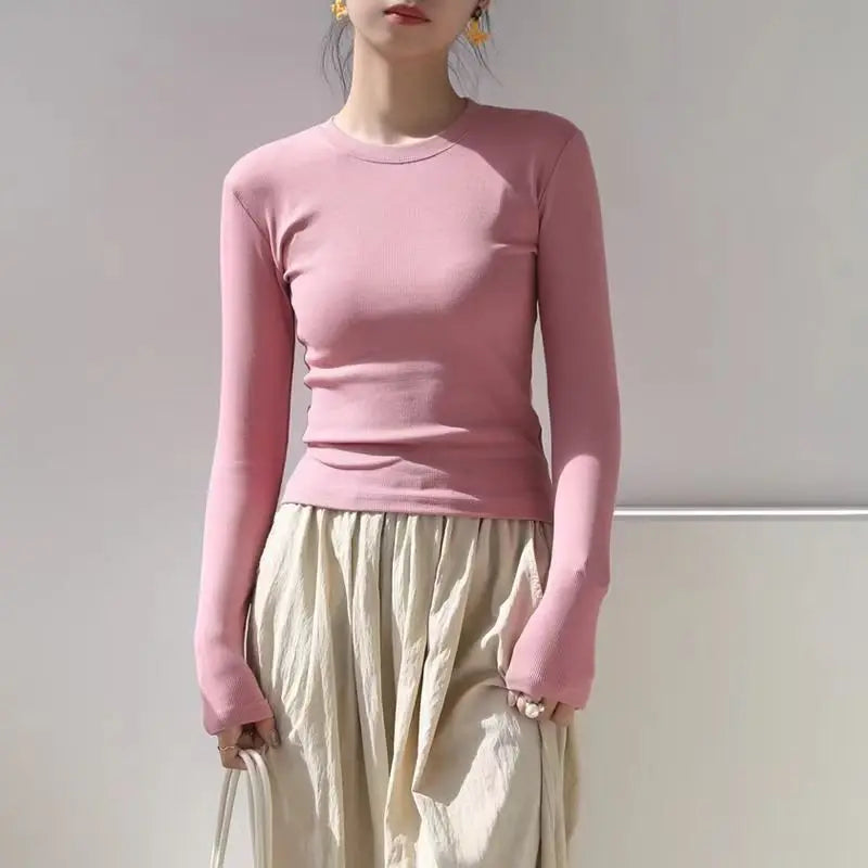 T-line Cotton O Neck Long Sleeve Shirt Women Sexy Cropped Tops 2025 Autumn Black Casual Skinny Slim Basic Woman T Shirts White Clothing