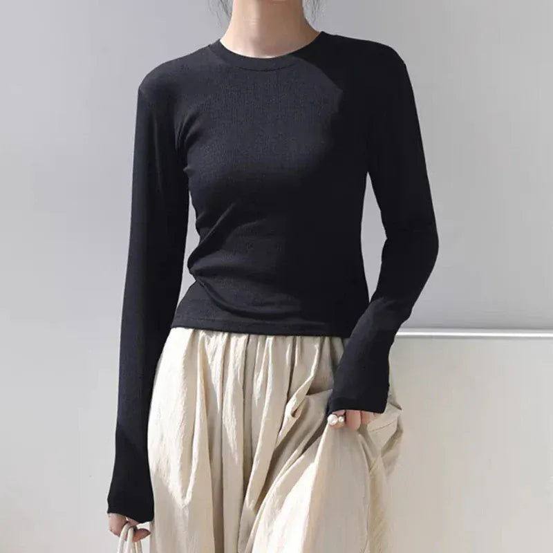 T-line Cotton O Neck Long Sleeve Shirt Women Sexy Cropped Tops 2025 Autumn Black Casual Skinny Slim Basic Woman T Shirts White Clothing