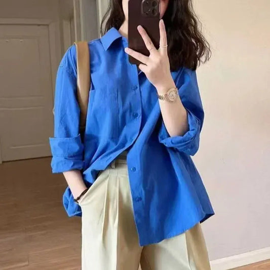 T-line Cotton Women's Shirt,  Loose,  Blue Pure Cotton Blouse  (2 weeks delivery)