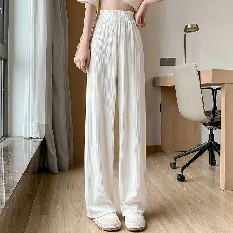 T-line Creamy White / S(37.5-47.5kg) Spring Summer  Wide Leg Pants,  Women,  Thin Chiffon, High Waist,  Loose Straight, Trousers (2 weeks delivery)