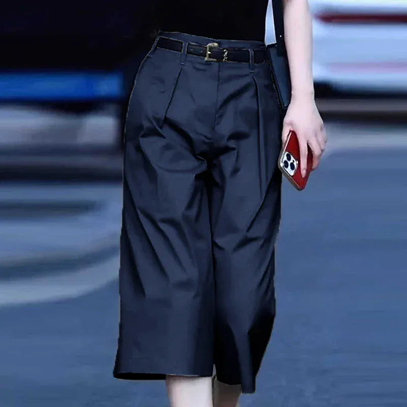 T-line Dark Blue / S Women  Trousers, Summer High Waist Calf-Length Pants, Solid color,  Pockets Wide Leg(2 weeks delivery)