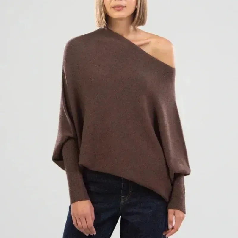 T-line Dark Brown / One Size Autumn / Winter Women's Pullover, Solid Round Neck,  Long Sleeve, Loose Fit, Sweater, Knitwear (2 weeks delivery)