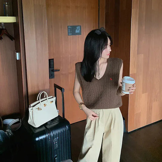 T-line Dark Brown / One Size V-neck Knitted Vest Women , Solid, Pullover,Sweater  Spring Autumn Top (2 weeks delivery)