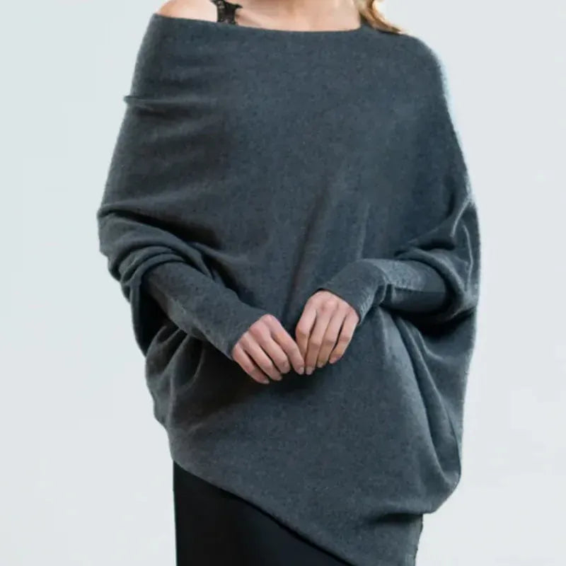 T-line Dark Gray / One Size Autumn / Winter Women's Pullover, Solid Round Neck,  Long Sleeve, Loose Fit, Sweater, Knitwear (2 weeks delivery)