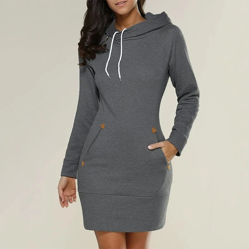 T-line Dark Gray / S Women‘s Knee-Length, Pockets, Dress, Hooded, Warm, Sweat Shirt, Long Sleeve, Side Zip, pullover(2 weeks delivery),