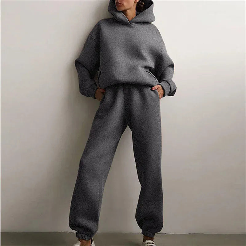 T-line Dark Gray / S Women's Oversized Tracksuit, Set, Warm, Autumn / winter,  Hoodie Sweatshirts & Long Pants,  2 Piece Solid, Hoody Pullover  (2 weeks delivery)