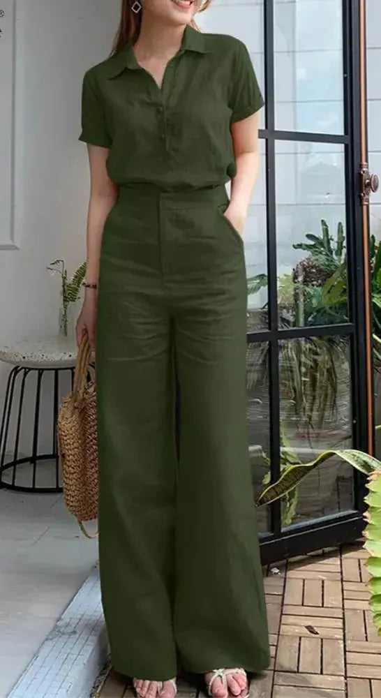 T-line Dark Green / M Summer Women  Short Sleeve Shirt, Loose Wide Leg Pants,  Suit, set (2 weeks delivery)