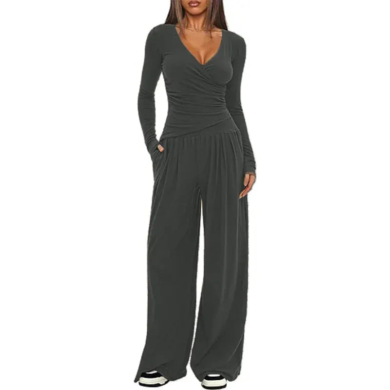 T-line Dark Grey / XS wide leg pants set, women's long sleeves top  (5 - 10  work days free delivery)