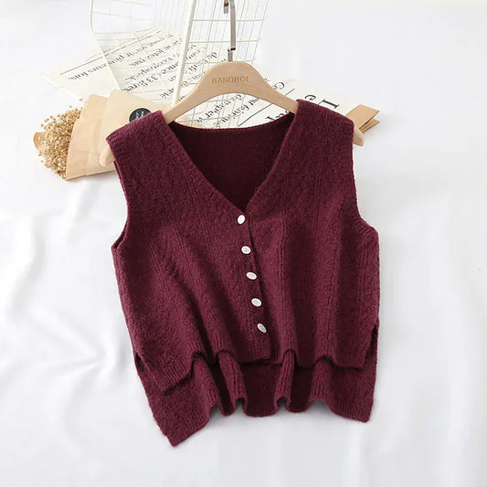 T-line dark purplish red Spring Autumn Trendy Vest Women,  V-Neck Wide-Shoulder Sleeveless Knitted Wool(2 weeks delivery)