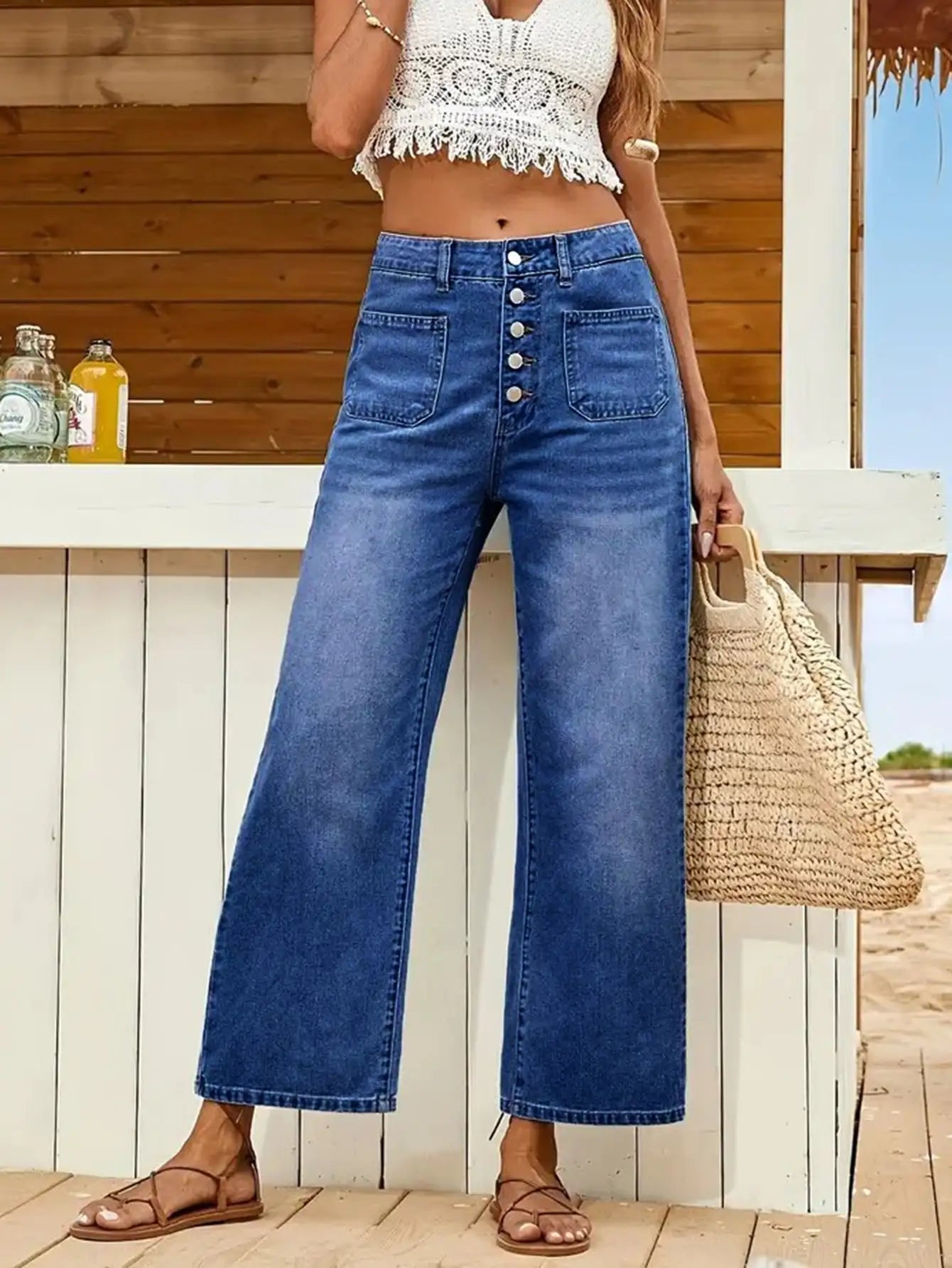 T-line Deep Blue / S Women's Jeans, Buttoned, Loose, Denim, Pants, trouser (2 weeks delivery)