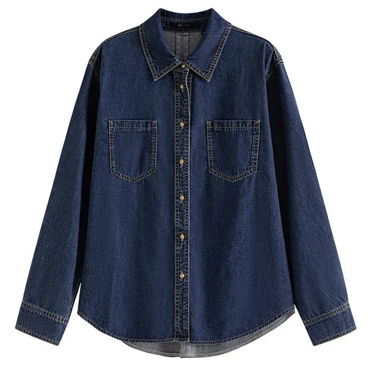 T-line Deep Blue Soft Denim Shirt, Women's Autumn / Winter Long Sleeved,  Tops , blouse (2 weeks delivery)
