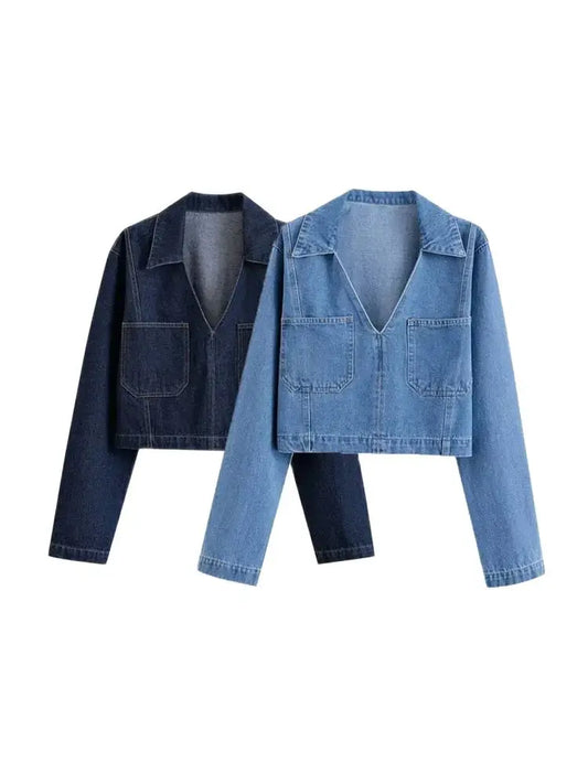 T-line Denim shirt, Pockets for Women, Lapel Collar, Long Sleeve, Blouses , Shirts, jeans (2 weeks delivery)