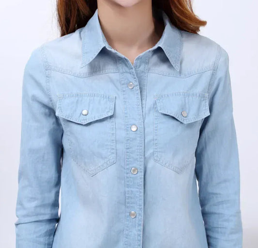 T-line Denim Shirts / Blouse For Women,  Long Sleeve, Top, Blue Or Sky Blue Color, Jeans Blouses (2 weeks delivery)