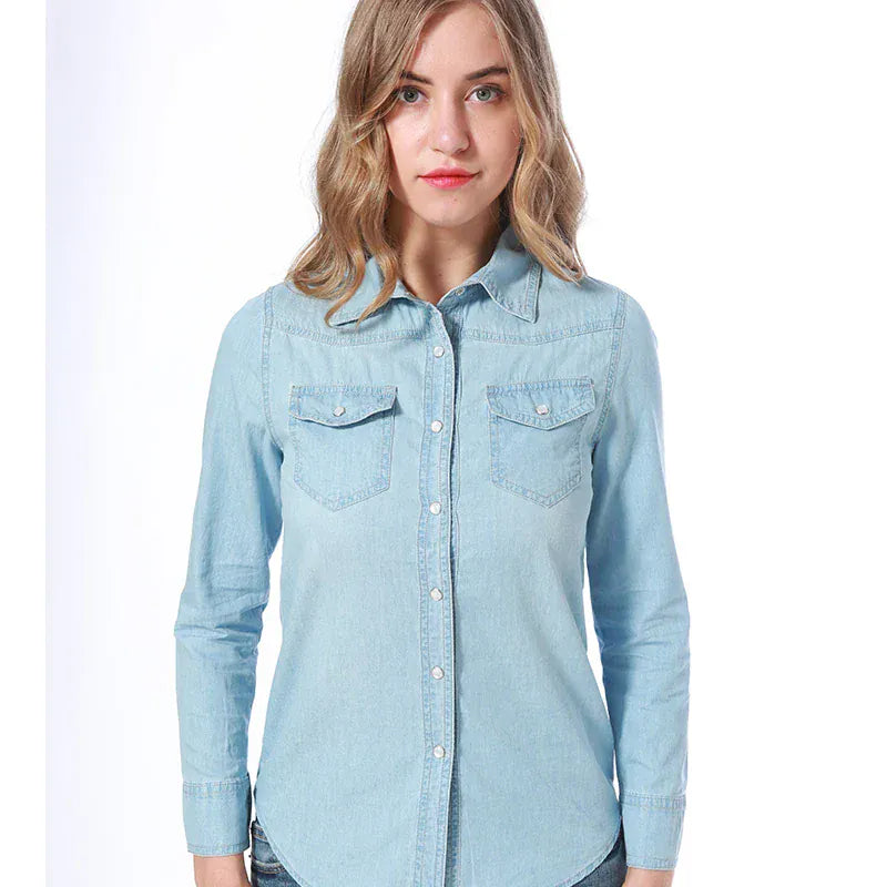 T-line Denim Shirts & Blouses Women, Long Sleeve, Top,  Single Buttons, Tops Shirts, With Pockets (2 weeks delivery)