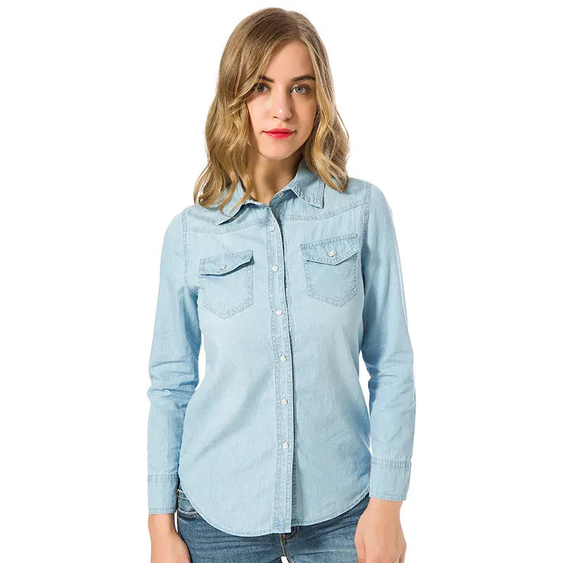 T-line Denim Shirts & Blouses Women, Long Sleeve, Top,  Single Buttons, Tops Shirts, With Pockets (2 weeks delivery)