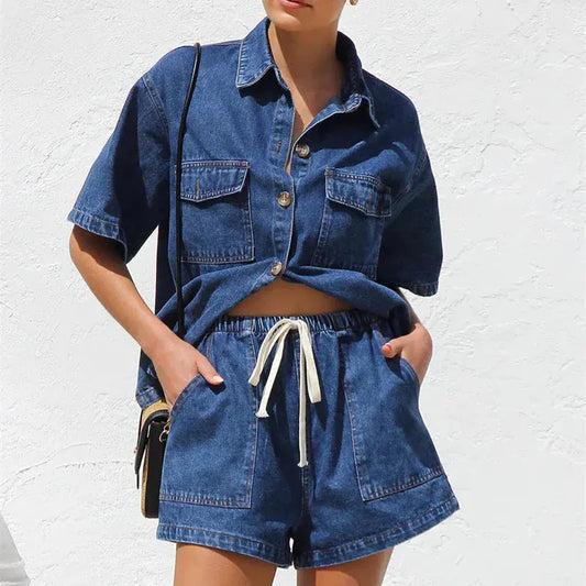 T-line Denim Suits, Women Short, Sleeve Button Loose Comfortable Shirt Female, Two Piece Sets , Shorts (2 weeks delivery)