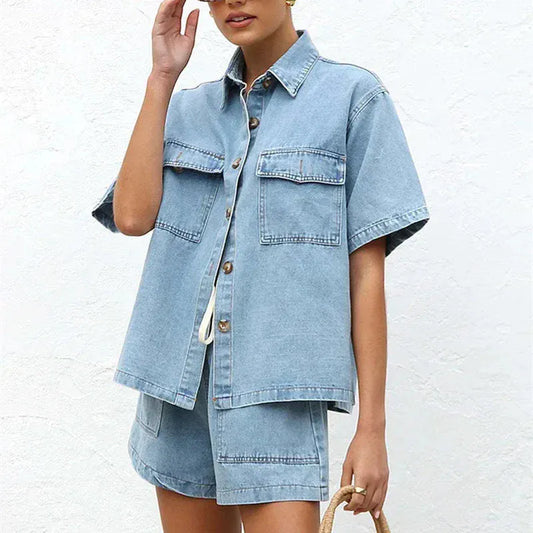 T-line Denim Suits, Women Short, Sleeve Button Loose Comfortable Shirt Female, Two Piece Sets , Shorts (2 weeks delivery)