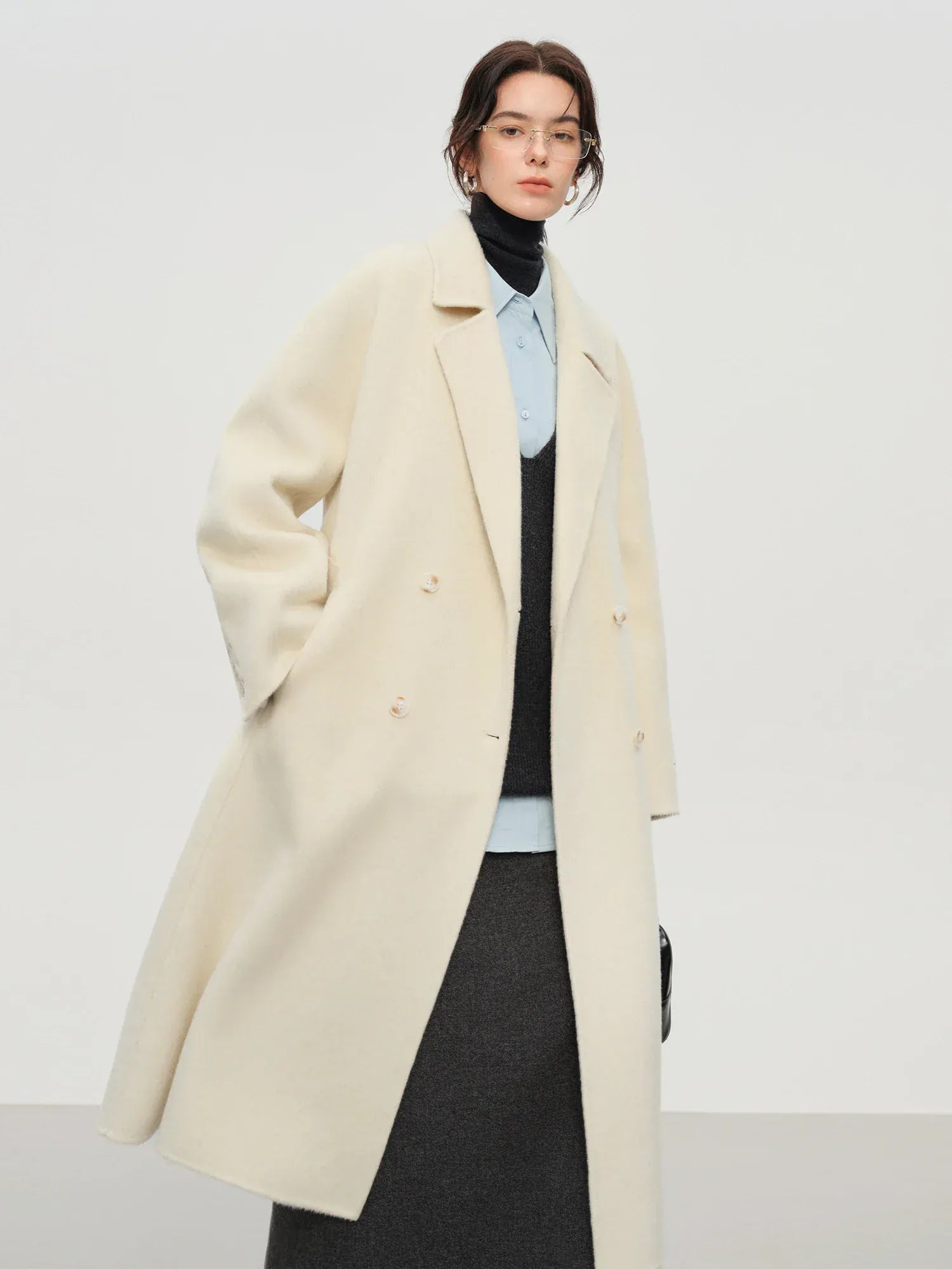 T-line Elegant Double Breasted Camel Hair Wool Blend Double Sided Overcoat Women , Winter Warm Long Coat Classic Outerwear(2 weeks delivery)