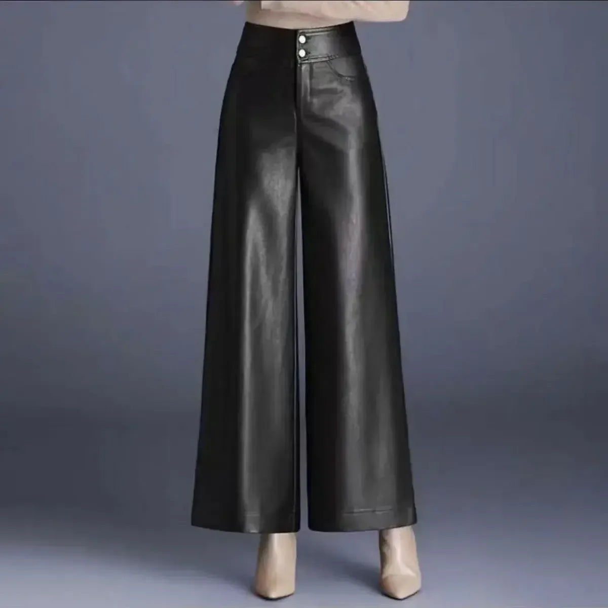 T-line Fashion High Waist PU Leather Wide Leg Pants Women Loose Casual Long Trousers Autumn Winter New Style Elegant Versatile