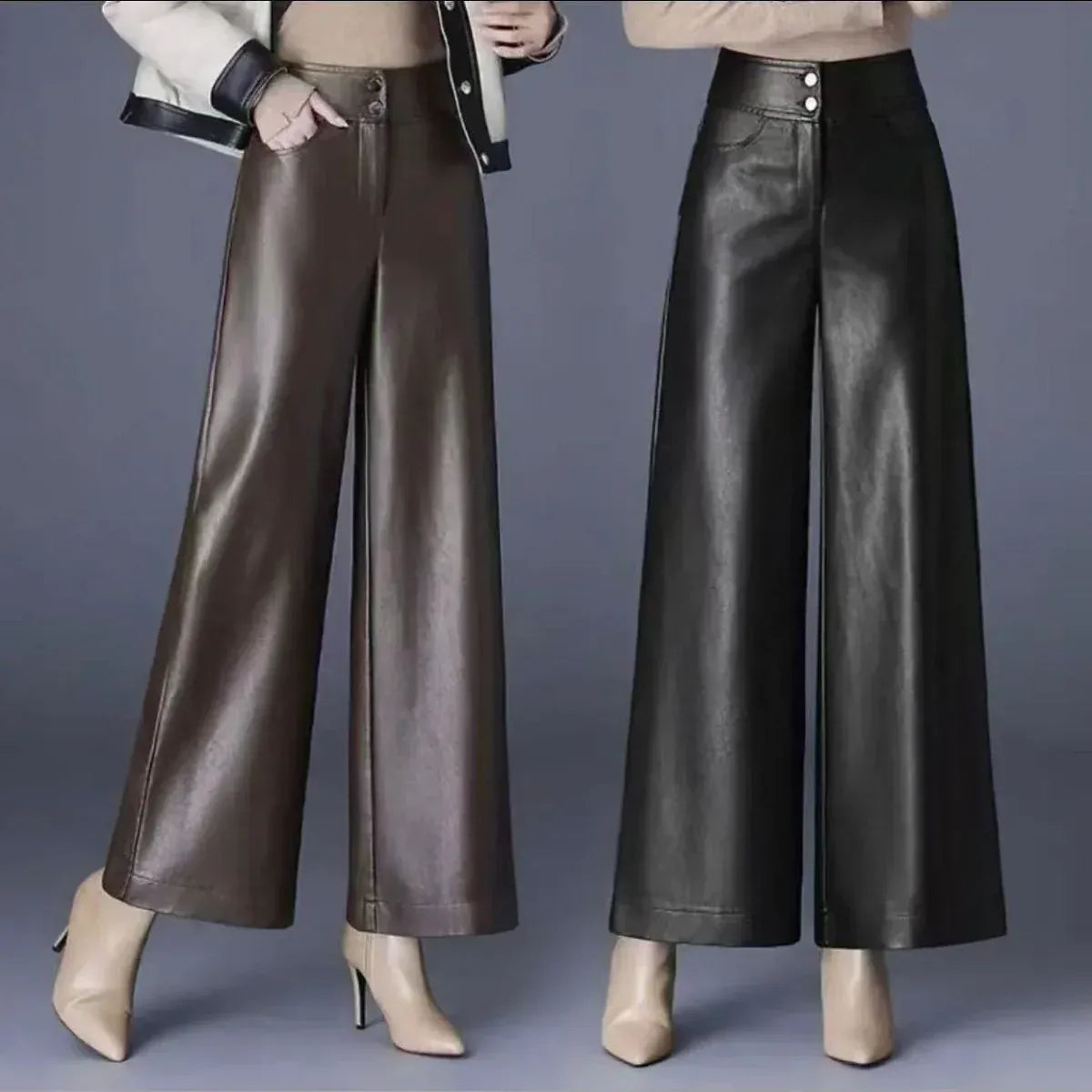 T-line Fashion High Waist PU Leather Wide Leg Pants Women Loose Casual Long Trousers Autumn Winter New Style Elegant Versatile
