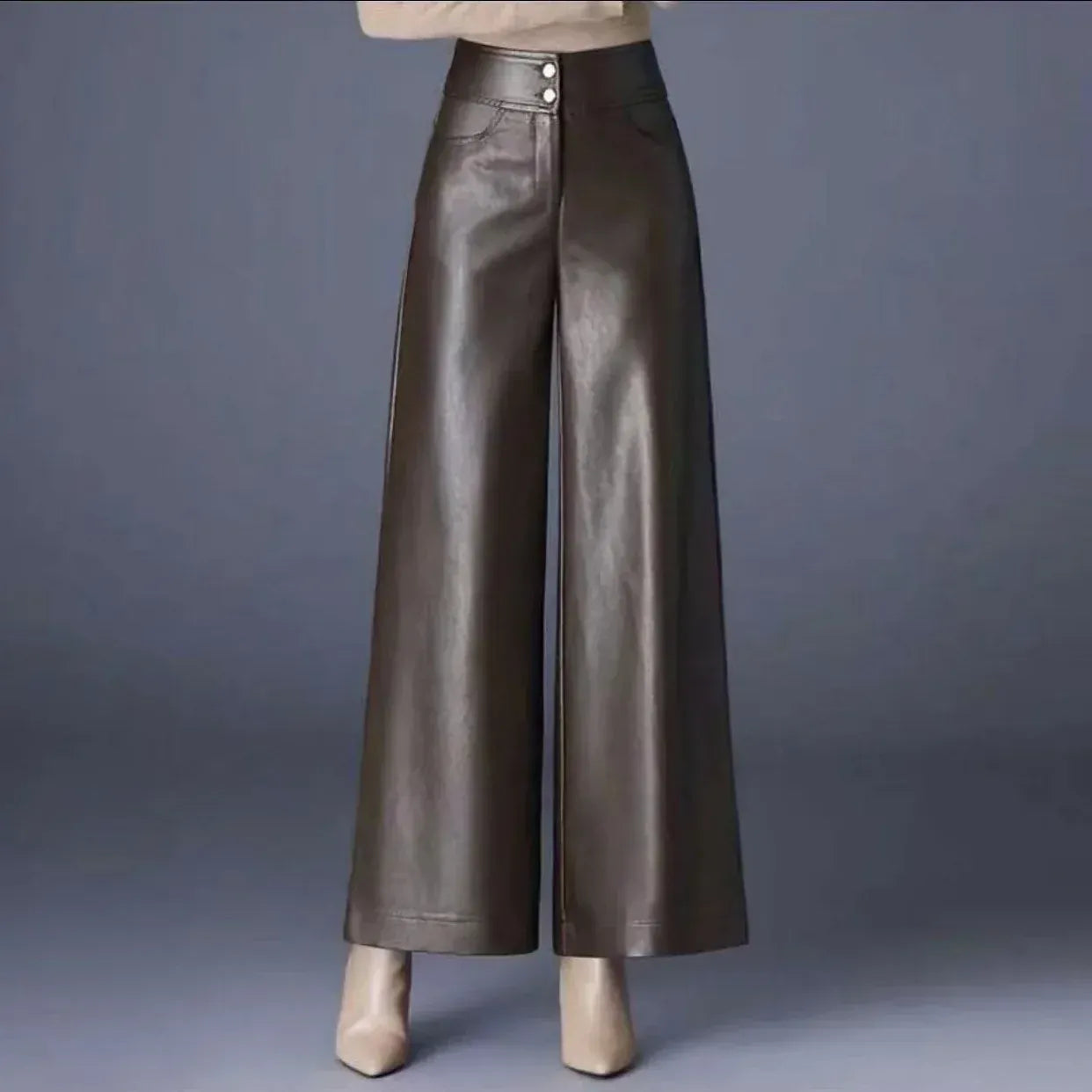 T-line Fashion High Waist PU Leather Wide Leg Pants Women Loose Casual Long Trousers Autumn Winter New Style Elegant Versatile