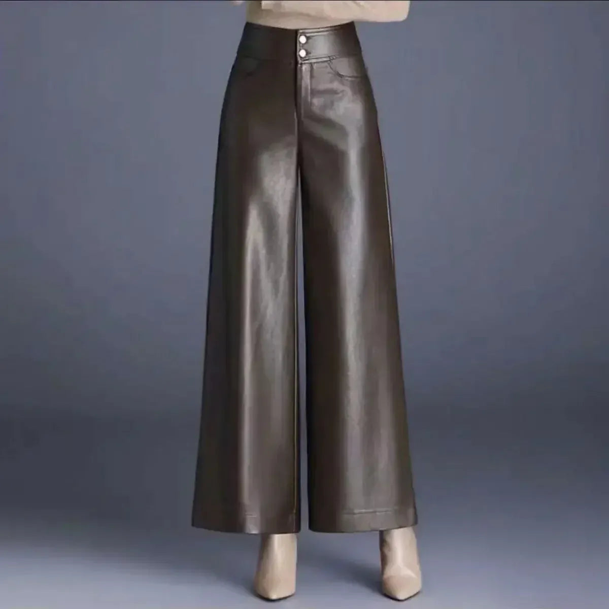 T-line Fashion High Waist PU Leather Wide Leg Pants Women Loose Casual Long Trousers Autumn Winter New Style Elegant Versatile