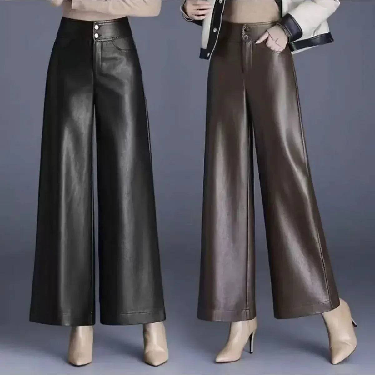 T-line Fashion High Waist PU Leather Wide Leg Pants Women Loose Casual Long Trousers Autumn Winter New Style Elegant Versatile
