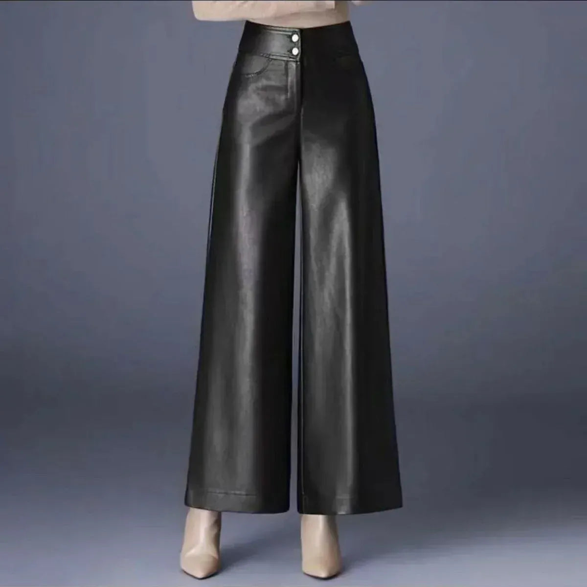 T-line Fashion High Waist PU Leather Wide Leg Pants Women Loose Casual Long Trousers Autumn Winter New Style Elegant Versatile