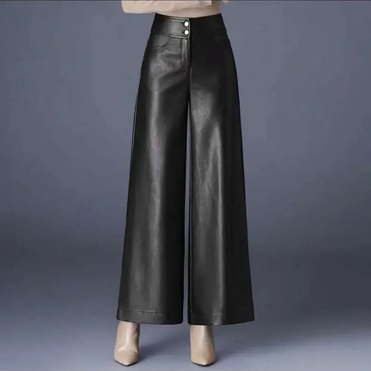 T-line Fashion High Waist PU Leather Wide Leg Pants Women Loose Casual Long Trousers Autumn Winter New Style Elegant Versatile