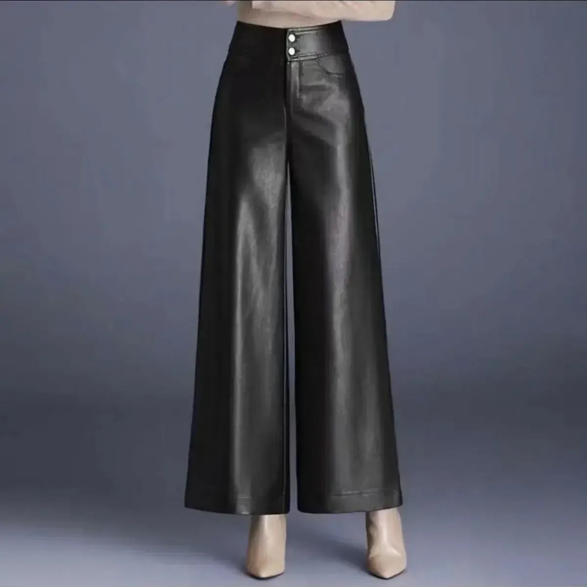 T-line Fashion High Waist PU Leather Wide Leg Pants Women Loose Casual Long Trousers Autumn Winter New Style Elegant Versatile