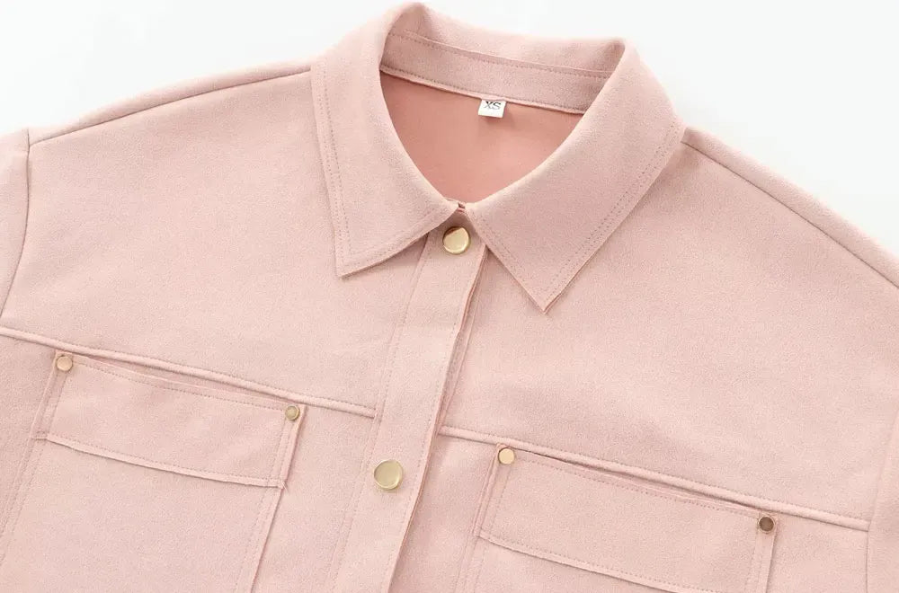 T-line Faux Suede Jacket for Women,  Pockets, Loose Coat, Long Sleeve,  Button, Female  Tops, (2 weeks delivery)