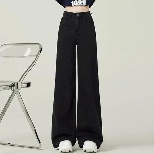 T-line Female Black High Waist Jeans, Straight Leg, Denim, Trousers ,Women Thin Loose Fit Casual Daily Pants (2 weeks delivery)