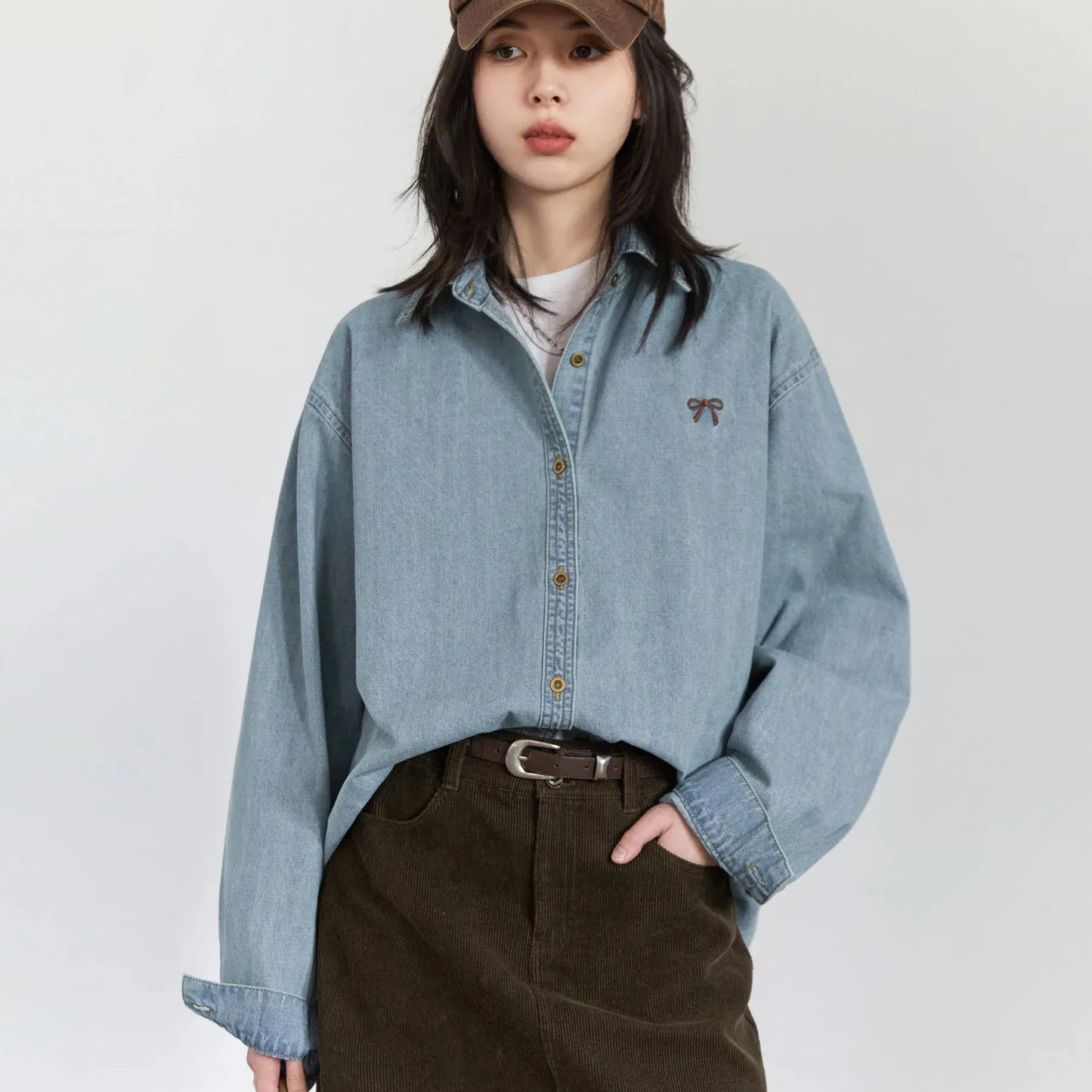 T-line Female Blouses, Loose Single, Breasted,  Denim Shirt,  Blue Shirt for Women, Spring / Autumn  (2 weeks delivery)