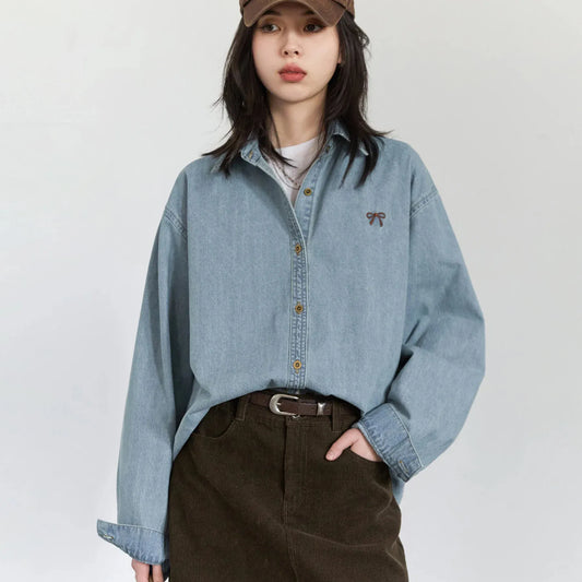 T-line Female Blouses, Loose Single, Breasted,  Denim Shirt,  Blue Shirt for Women, Spring / Autumn  (2 weeks delivery)